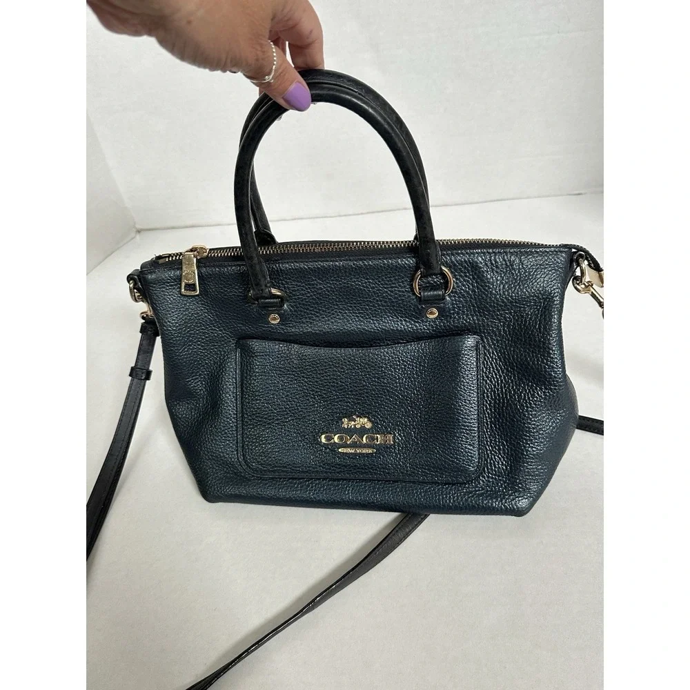 Coach Emma Satchel Pebbled Leather Gold Accents Navy Metallic